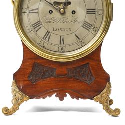 18th century bracket clock with twin chain fusee movement, the steel dial inscribed Thomas Hill, Fleet Street, London in mahogany case with blind fret carved panels, brass handles on gilt brass scroll feet with a later mahogany bracket H50cm excluding bracket