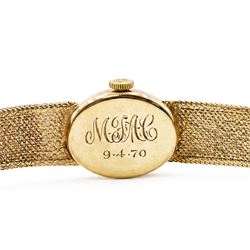 Rotary ladies 9ct gold manual wind wristwatch, gilt dial with baton and Roman numeral hour markers, back case engraved with initials and dated, on integral 9ct gold bracelet, hallmarked