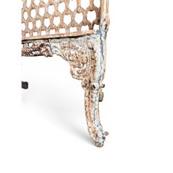 Victorian revival Carron Foundry design heavy cast iron two seat garden bench, scrolled arms with pierced lattice seat, finished in antique white paint