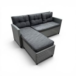 Jutlandia - Rattan garden furniture set with cushions, corner sofa, rectangular glass top table, side table, and two armchairs
