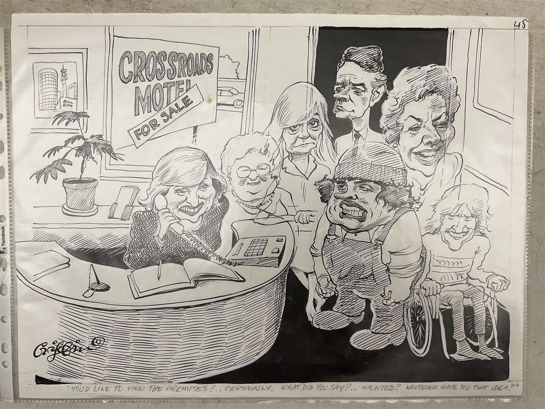Charles Griffin (British 1946-): Collection of five political and social cartoons c.1985, including caricatures of various politicians, Crossroads characters, SDP plans for liberal takeover etc (5) (unframed)
