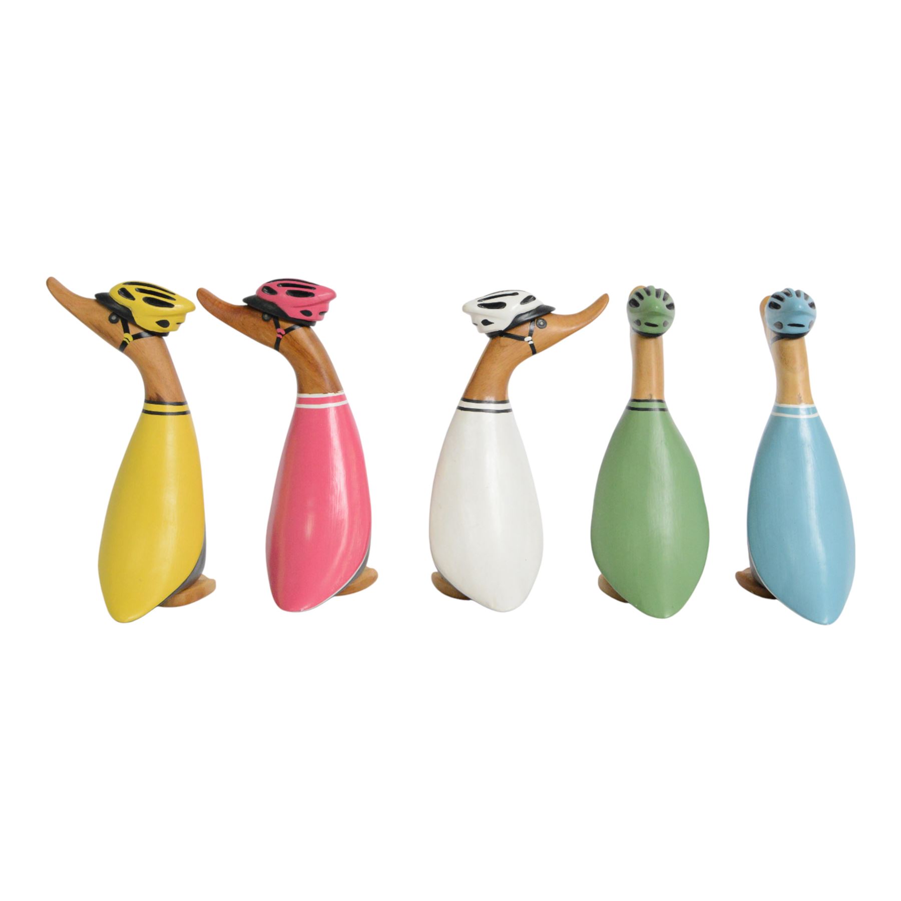 Dcuk, five wooden ducks, in cycling outfits and helmets, H20cm