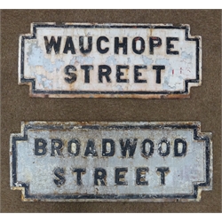  Two Victorian black and white cast iron street signs 'Broadwood Street' and 'Wauchope Street' L87cm x H35cm max (2)  