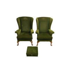 Parker Knoll - pair  vintage 'Penhurst' wingback armchairs, upholstered in olive green fabric on cabriole front supports