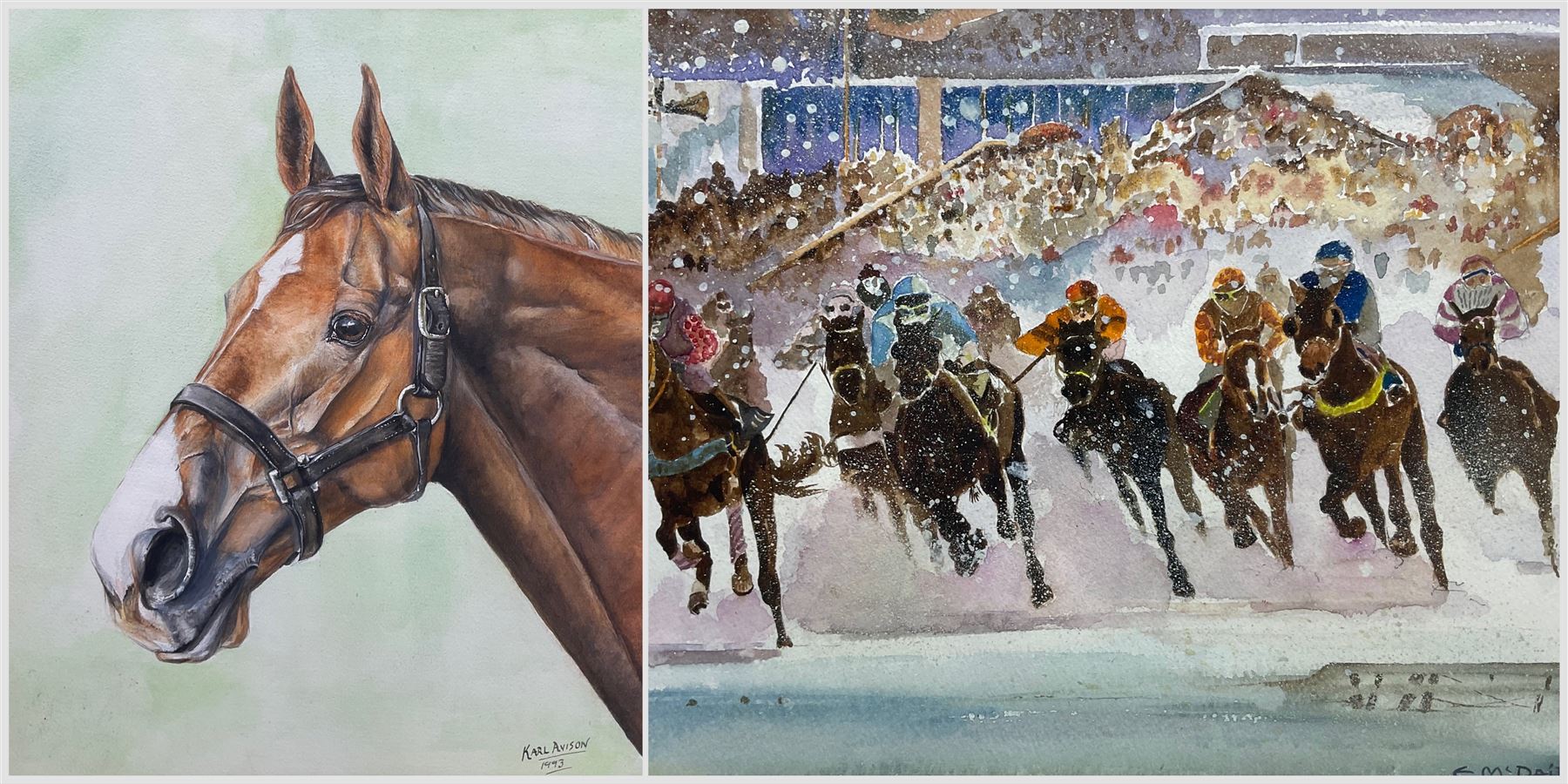 Edward McDaid (British 20th Century): 'Snowball's Chance', watercolour signed, titled verso 29cm x 38cm; Karl Avison (British 20th Century): A Chestnut Mare, watercolour signed and dated 1993, 37cm x 33cm (2)