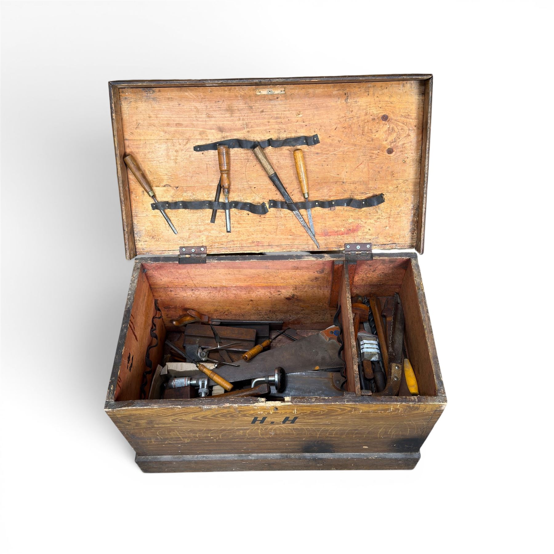 Victorian stained pine carpenters toolbox and contents, fitted interior with saws, planes, chisels etc