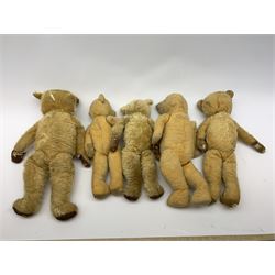 Five English teddy bears 1930s-50s, all well loved and playworn for restoration or spares/repair (5)