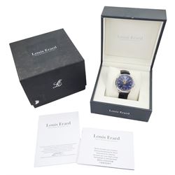 Louis Erard gentleman's stainless steel automatic moonphase wristwatch, blue dial with Arabic and dagger hour markers and day / date aperture, on blue leather strap, with fold-over clasp, boxed