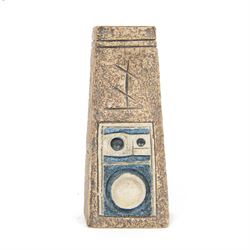 Louise Jinks for Troika Pottery, coffin vase with with incised geometric decoration, signe...