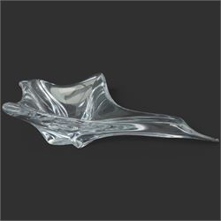 Daum-20th century clear glass sculpture of Madonna and Child H29cm, Daum glass dish in the form of a bird in flight L47cm and a Baccarat model of a dolphin L13cm (3)