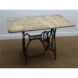  Ornate cast iron 'Jones' treadle sewing machine frame table (W66cm, H77cm, D11cm) and a similar table with cast iron lattice work top (W116cm, H64cm, D63cm)  