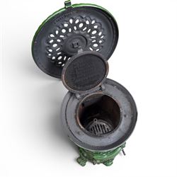 French Godin cast iron enamel stove, circular form, finished in green and black paint