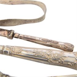 Group of silver, including sugar tongs, christening set, egg  cup, salt, strainer, silver mounted cutlery and Continental silver, together with silver plated items and other metalware 