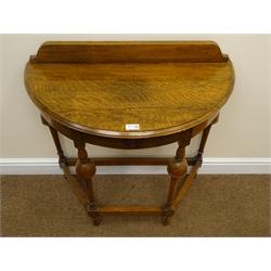  20th century oak D shaped side table with single drawer, on turned supports, W77cm, H81cm,   