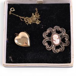9ct gold jewellery, including stone set ring, two necklace chains and a pearl pendant, together with silver ring and brooch, gold back and front heart locket and gilt chain