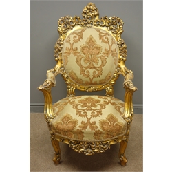  Large French Rococo style giltwood open armchair, moulded frame pierced and carved with foliage and scrolls, brocade upholstered seat and back, on cabriole legs, H120cm   