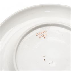 Early 19th century Spode spill vase, of cylindrical form with flared rim, hand painted with a Green Woodpecker perched on a branch, within beaded borders, titled beneath, H16cm, together with a Spode chocolate cup turnover rim stand, decorated in the imari pattern, no. 2630, painted marks beneath, D14cm (2)