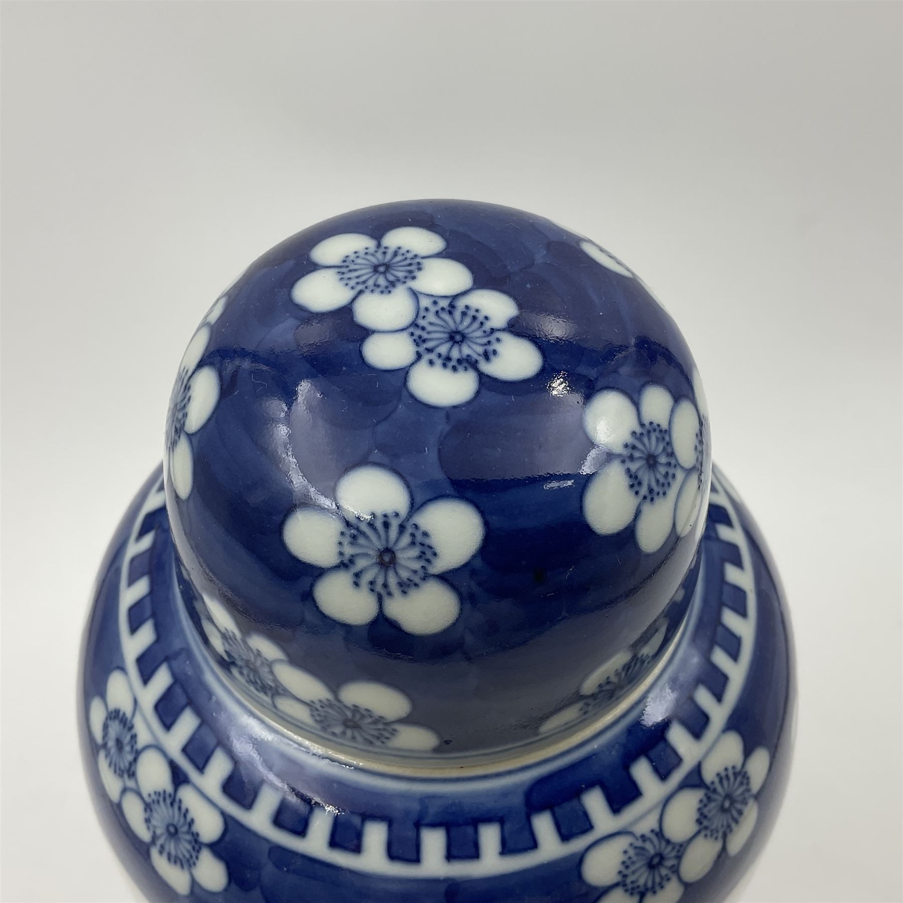 Late 19th century Chinese blue and white jar and cover, of slender ovoid form with domed cover, decorated with two reserves containing figures, against a prunus blossom ground, with Kangxi type mark beneath, H27.5cm