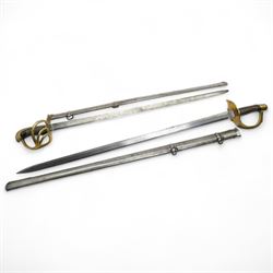  19th century Spanish cavalry sword, the blade marked 'Toledo 1868' with pierced brass hilt and wire wound grip with steel scabbard, blade length 93cm and another similar Spanish sword, unmarked blade (2)