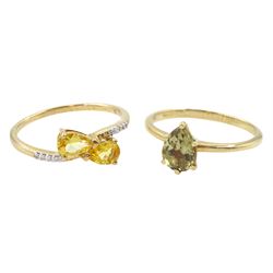 14ct gold single stone pear cut csarite ring and a 9ct gold clinohumite and white zircon ring, both hallmarked