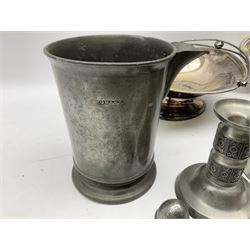 Collection of pewter to include, quart jug, one pint jug measure, teapot etc and other metalware including two Walker & Hall serving dishes
