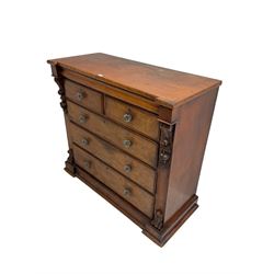 Victorian mahogany chest, fitted with secret frieze drawer above two shot and three long drawers, glass handles