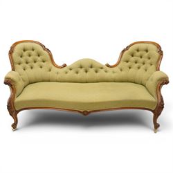 Victorian mahogany framed double ended chaise longue, serpentine button upholstered back w...