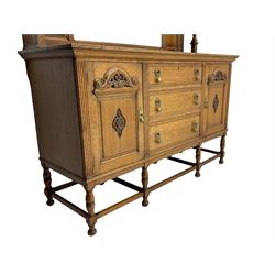 Early 20th century oak barley twist mirror back sideboard, fitted with three drawer and two cupboards, bevelled plate