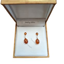 Pair of silver Baltic amber pendant stud earrings, stamped 925, boxed 