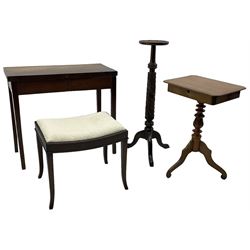 Mahogany rope twist jardiniere stand (H98cm); George III mahogany fold-over tea table (H75cm); occasional table with sectioned drawer (H72cm, W49cm, D37cm); upholstered stool (4)