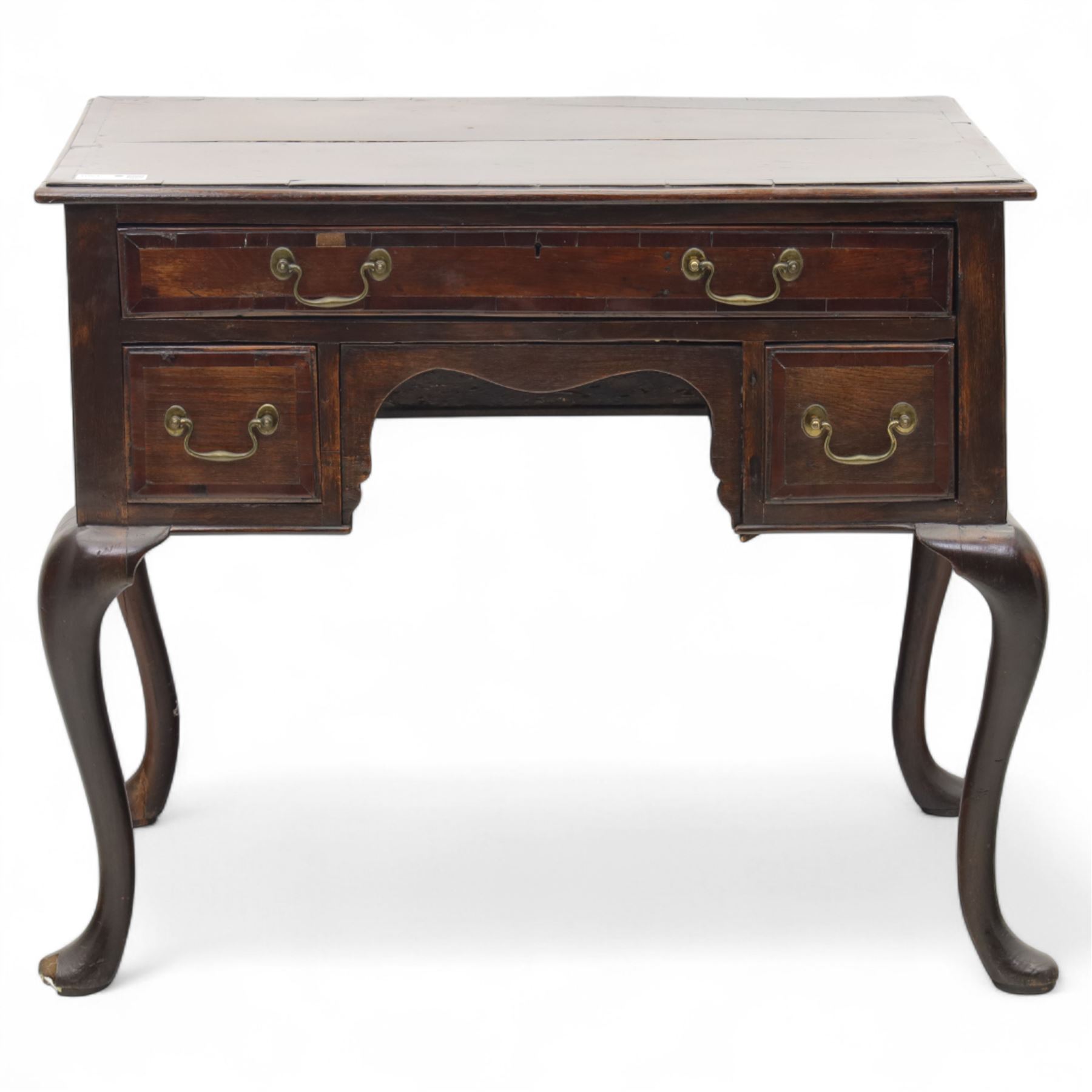 18th century oak and mahogany banded lowboy, rectangular moulded top with crossbanded edge, fitted with one long and two short drawers with brass swan neck handles, shaped kneehole apron, raised on cabriole supports with pad feet