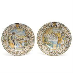 Pair of 19th century Italian majolica plates decorated in 17th century Castelli design wit...