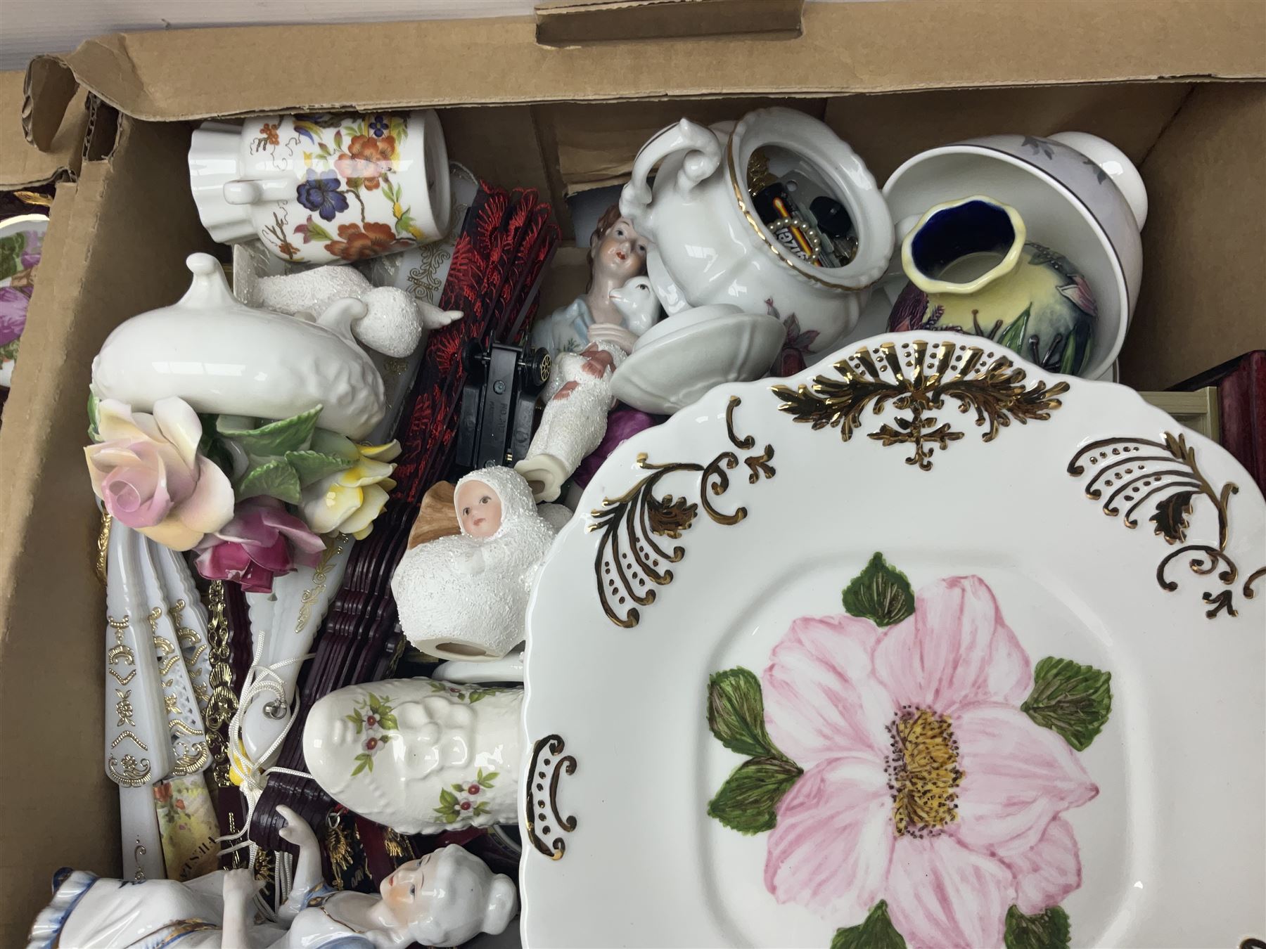 Wedgwood Jasperware biscuit barrel and vase, together with a collection of other ceramics including trinket boxes, flower displays and figures, etc in three boxes