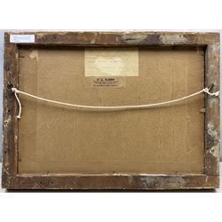 Dame Ethel Walker DBE ARA (British 1861-1951): Seascape Study with Seagulls, oil on canvas laid on board unsigned, old attribution and title label verso along with Whitley Bay framer's label 26cm x 39cm 
Notes: probably a view at Robin Hood's Bay, where Walker had a cottage.