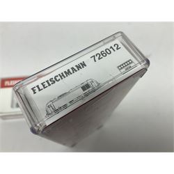 Fleischmann 'N' gauge - 'Piccolo' double pantograph locomotive No.967385 and another locomotive 'Alex'; both boxed (2)