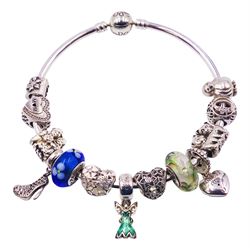 Pandora silver bracelet with a Disney Tinker Bell charm and twelve other Pandora charms, all stamped 925 ALE, with Pandora box