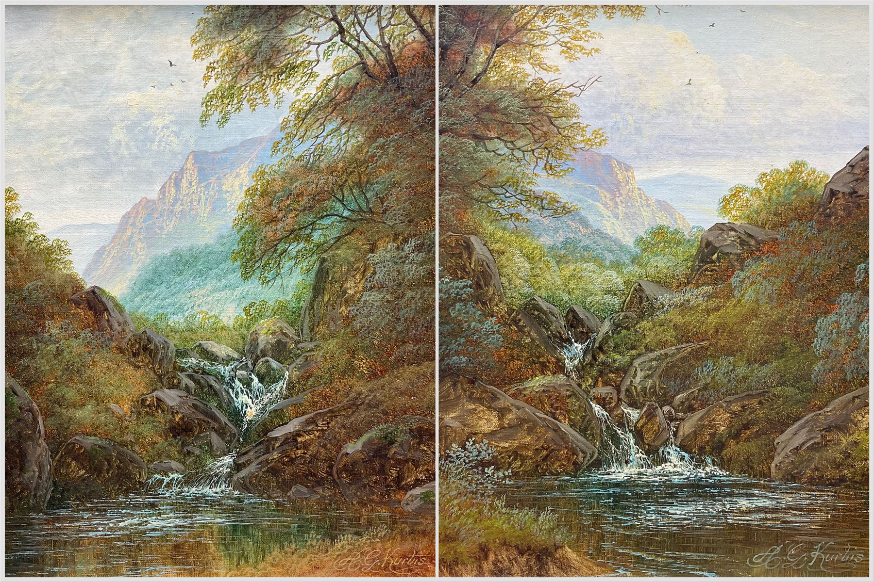 Andrew Grant Kurtis (British 1963-): Mountain and Stream, pair oils on canvas signed 24cm x 19cm (2)