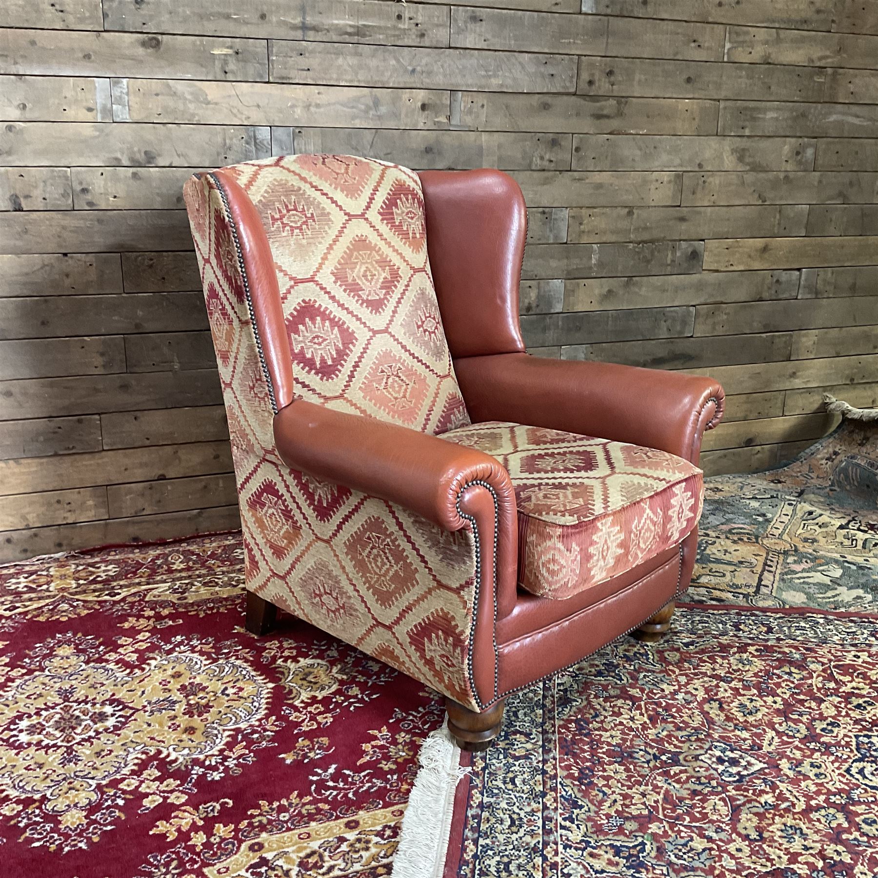 Tetrad Eastwood Wingback Leather Kilim Armchairs Brown with footstool,