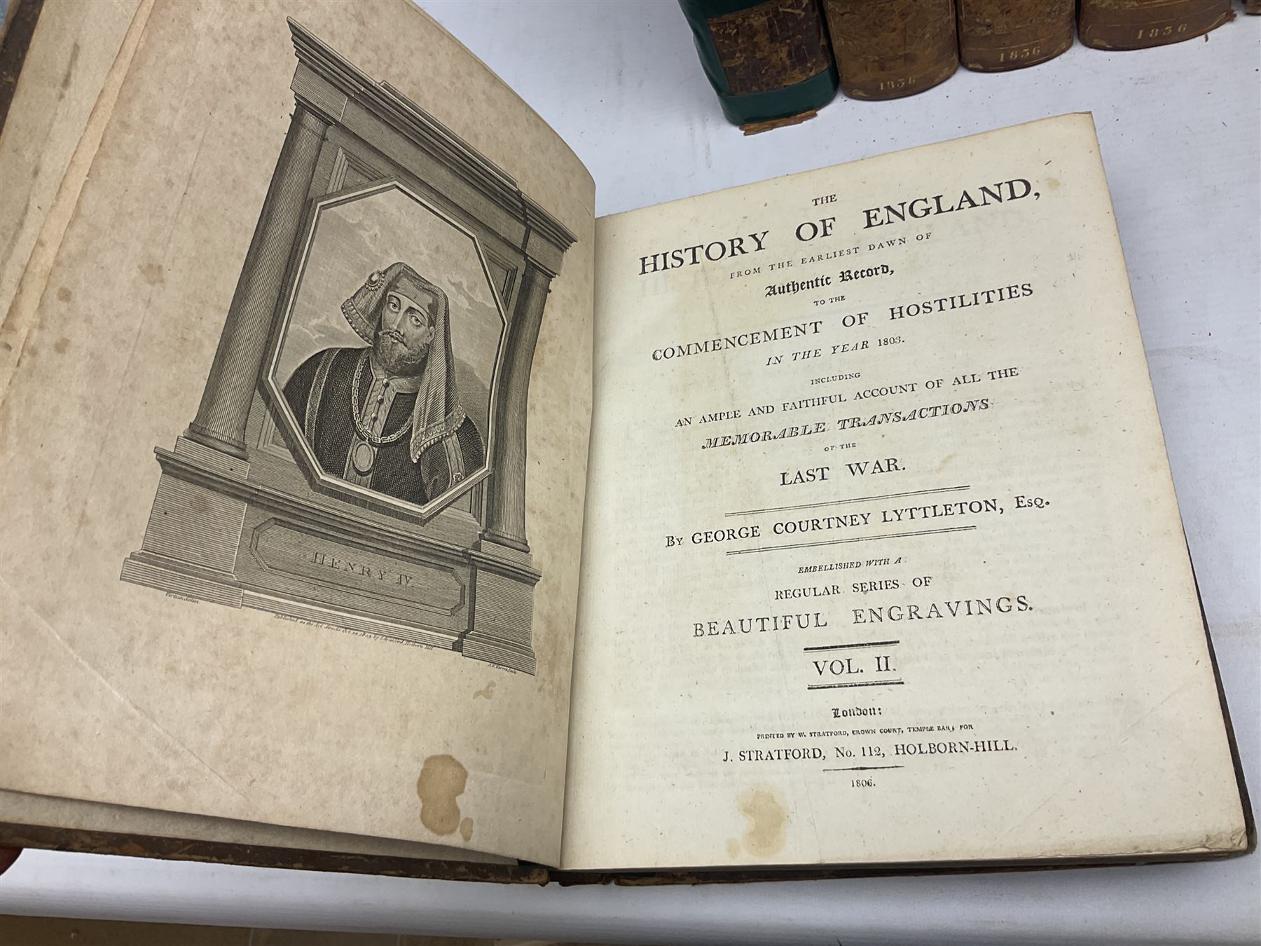 19th century and later leather bound books, to include Froissart, Sir John; Chronicles of England, France, Spain, Portugal, Scotland... two volumes London, 1812, Lyttleton, George: The History of England... two volumes London 1806, Clarke Adams; The Holy Bible, in six volumes, London 1836 and five other books 