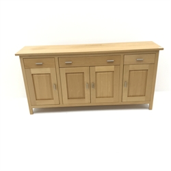 G-Plan oak sideboard, two shot and one long drawer, four cupboards, stile supports, W176cm, H86cm, D42cm
