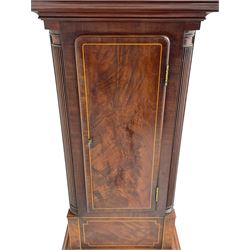 Samuel Ritchie of Forfar - William IV 8-day Scottish longcase clock in a mahogany case, with a swans neck pediment, brass paterae and three ball and spire brass finials, case and trunk inlaid with satinwood stringing on a plinth raised on decorative bracket feet, painted break arch dial depicting a costal scene to the break arch and conch seashells to the spandrels, Roman numerals, subsidiary seconds and date dials with matching steel hands, with a rack striking movement striking the hours on a bell. With weights, key, and pendulum.  Samuel Ritchie is recorded as working in Forfar 1800-37.