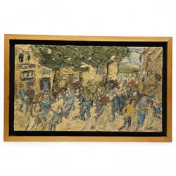 Barry De More (Yorkshire 1948-2023): 'Woolshops Halifax - Busy Day, oil and impasto on board signed, titled and dated 2012 verso 70cm x 40cm
Notes: Acclaimed as one of the North's greatest expressionist artists, Barry De More (1948-2023) used a heavy impasto style to transfer his love of Yorkshire landscapes, townscapes and people to canvas. His work sits comfortably in the company of work by Kossoff and Auerbach, selling to collectors in the UK and overseas. De More's work can be found in the permanent collection of work by Northern Artists at Dean Clough, one of the UK's largest contemporary art galleries.