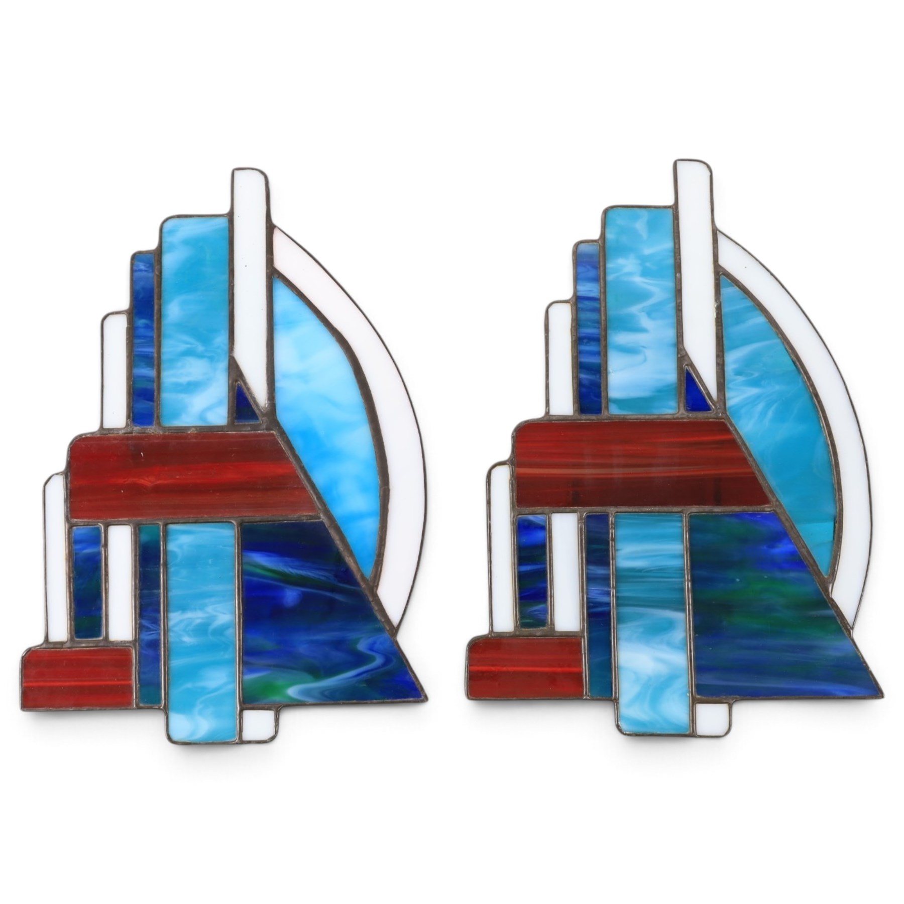 Pair of Christopher Wray, Art Deco style wall lights in blue, red and white colourway, H29cm