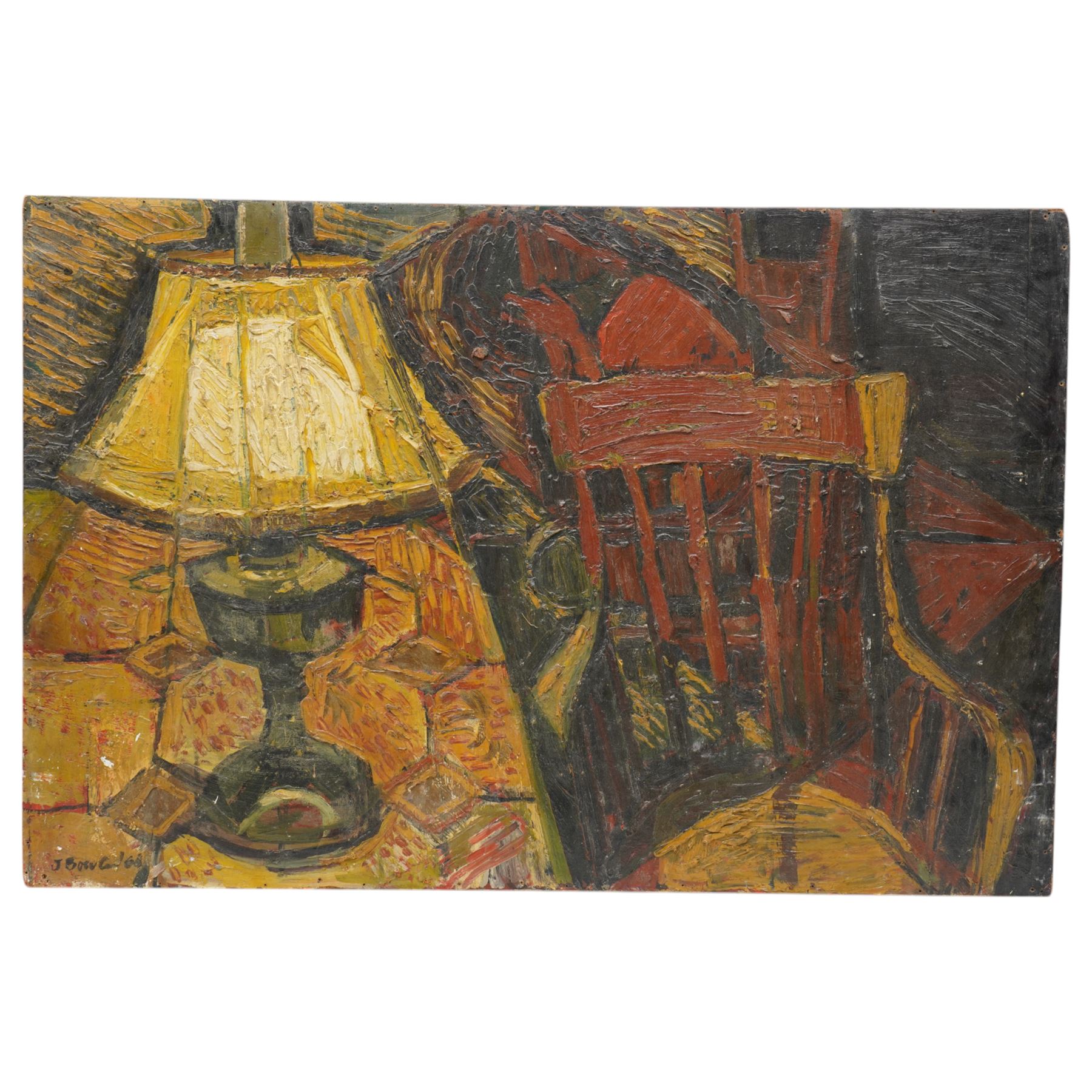 John Gilbey Bowles ARCA (British 1929-2011): Still Life 'No.1 Cottage Interior' with Lamp and Chair, oil on board signed, inscribed verso 60cm x 91cm (unframed)
Notes: exhibited at Guildhall Art Gallery, London