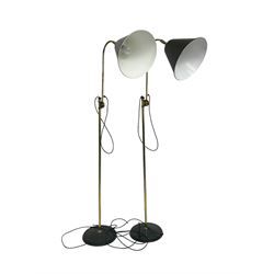 Pair of brass standard lamps, shade and circular base in dark green finish (2)