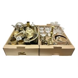 Set of six cut glass champagne coupes, each upon metal stems, together with four similar champagne flutes and three wine glasses and a quantity of silver plate and other metal ware, including trench art vase, candlesticks, sauce boats, trays, teapots, etc, in two boxes