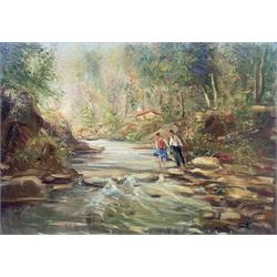 Giorgio Lucchesi (Italian 1855-1941): Figures Crossing a River in Wooded Landscape, oil on...