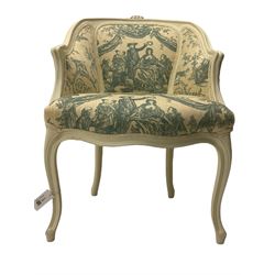 French style cream painted armchair, floral carved cresting rail and moulded frame, upholstered in patterned fabric, cabriole supports