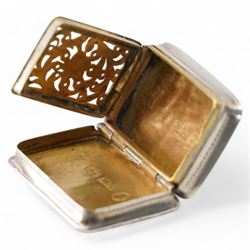 Victorian rectangular silver vinaigrette with inscription and floral engraving, hinged pierced grille  Birmingham circa 1840 Maker Nathaniel Mills