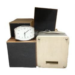 Two cased Philips reel to reel tape recorders, Bolex 18-3 Duo projector in box, 1950s Smiths X52460/12 wind up coach clock, pair of Thorn speakers etc